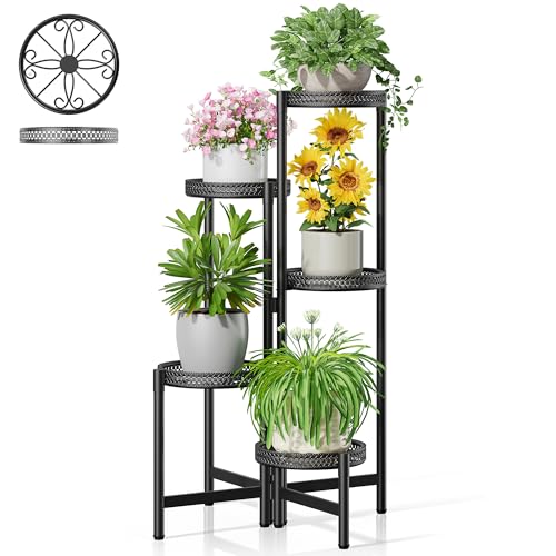 5 Tiered Tall Plant Stand Indoor Outdoor, Metral Plant Shelf for Corner Display Rack, Multi-Tier Folding Planter Pot Holder Flower Stand for Living Room Balcony Garden Patio - BlackS - color: BlackS, size: 5-tiers