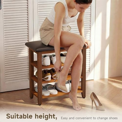 Shoe Bench with Leather Cushion,Rubberwood Bench with Shoe Rack | 3-Tier Shoe Storage Organizer for Entryway,Hallway,Living Room - size: 3-Tier-23.6"