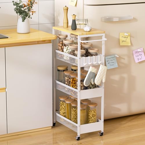 Vincona 9.1" Wide Slim Rolling Utility Cart, 4 Tier Metal Narrow Storage Cart with Handle and Wood Top, Multifunctional Small Mobile Shelf Unit Organizer Trolley for Laundry, Bathroom, Kitchen - color: White, size: 9.1" wide