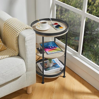 Dulcii Round Side Table with Charging Station, End Table with 3 Shelves for Living Room, Bedroom Nightstand for Small Spaces, Industrial Round Sofa Table with Steel Frame (USB+Oak) - color: Oak, style: With Outlets