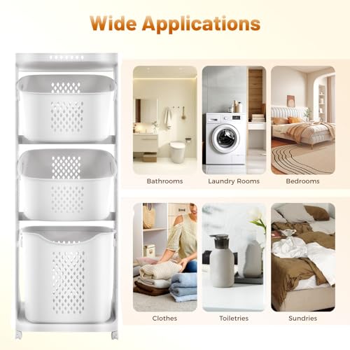 Rolling Laundry Basket with Wheels, 3-Tier Free Standing Laundry Hamper, Portable Storage Cart with 4 Wheels, Multi-Purpose Organizer for Bathroom Bedroom Living Room