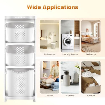 Rolling Laundry Basket with Wheels, 3-Tier Free Standing Laundry Hamper, Portable Storage Cart with 4 Wheels, Multi-Purpose Organizer for Bathroom Bedroom Living Room