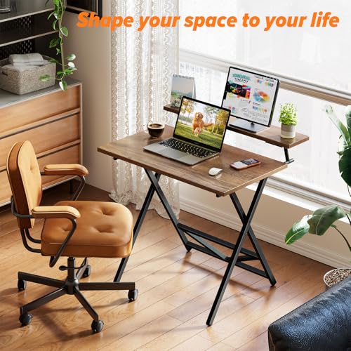 WOHOMO Folding Computer Desk with Adjustable Height, 23.6" x 31.5" x 25.6" Foldable Table with Monitor Stand, Small Office Desk for Bedroom, Space Saving Desk for Home Office, Easy Assemble, Walnut - color: Walnut