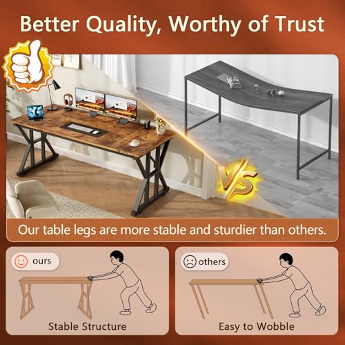 TVU Computer Desk, 55 inch Large Office Desk, Study Writing Table with Thicken Frame, Gaming Desk, Modern Simple Desk for Home Office, Rustic Brown - color: Rustic Brown, size: 55inch