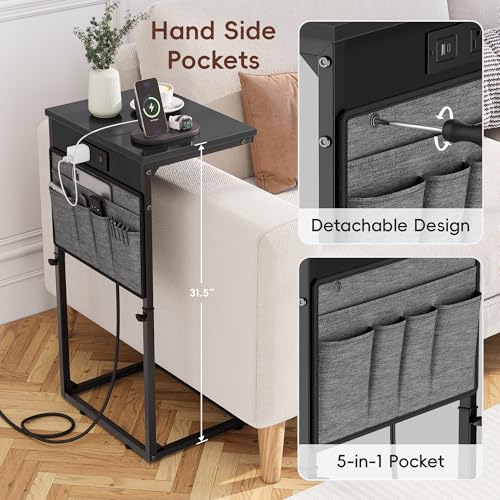 Vagusicc C-Shaped End Table Set of 2 with Charging Station, Small Side Table for Couch, Adjustable Height Couch Side Table, Slide Under Sofa Table TV Tray Tables for Living Room,Bedroom,Bedside, Black - color: 2pc Black