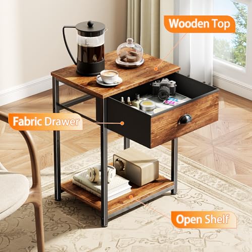 Furologee Nightstands Set of 2, Night Stand with Fabric Drawer and Storage Shelf, Retro Bedside Sofa Tables for Small Place, End Side Tables Living Room Bedroom, Rustic Brown
