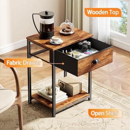 Furologee Nightstands Set of 2, Night Stand with Fabric Drawer and Storage Shelf, Retro Bedside Sofa Tables for Small Place, End Side Tables Living Room Bedroom, Rustic Brown