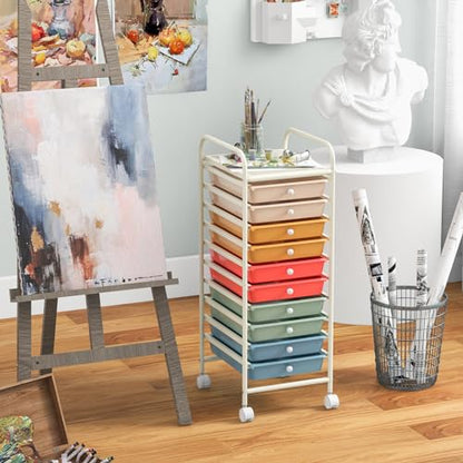 DREAMADE Rolling Cart With Storage Drawers, Utility Cart With Removable Plastic Drawers, Lockable Wheels for Classroom Organization, Art Supplies, Office, Scrapbook (10 Drawers, Macaron) - color: Macaron, style: 10 Drawers