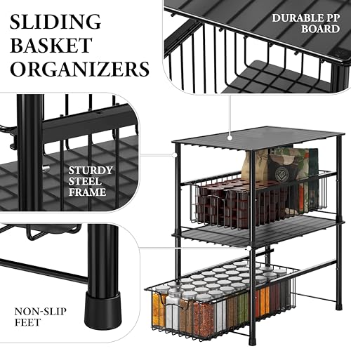 Simple Houseware Stackable Under Sink Cabinet Sliding Basket Organizer Drawer, Black - color: Black