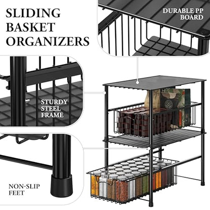 Simple Houseware Stackable Under Sink Cabinet Sliding Basket Organizer Drawer, Black - color: Black