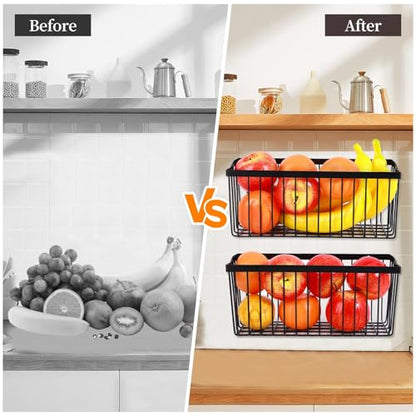 2 Pcs Fruit Basket Wire Baskets, Fruit and Veggie Storage Basket Holder for Kitchen Wall Mounted,Kitchen Organizers and Storage for Snack Onion Potato(Black)
