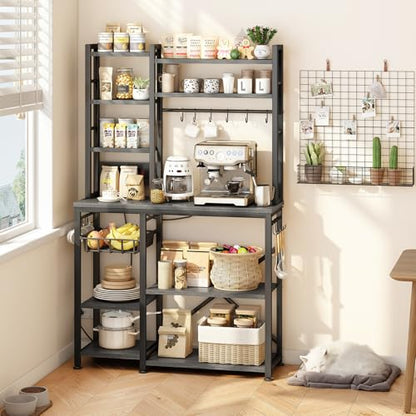 SNTD 6-Tier Bakers Rack with Power Outlets, 36 x 14.6 x 72 in, Rustic Grey | Large Capacity for Small Appliances, Stable Metal Frame with Wood Shelves, Pull-Out Basket, 14 Hooks - color: Rustic Grey