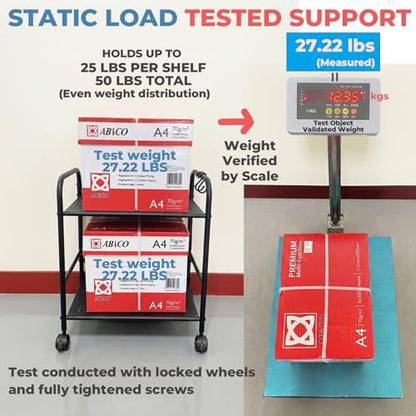 2-Tier Metal Rolling Cart, Compact Under Desk Storage Organizer | 12.2" clearance fits binders & tall bottles; anti-drop safety guard; small space mobile shelf for home, bedroom & office. - color: Black