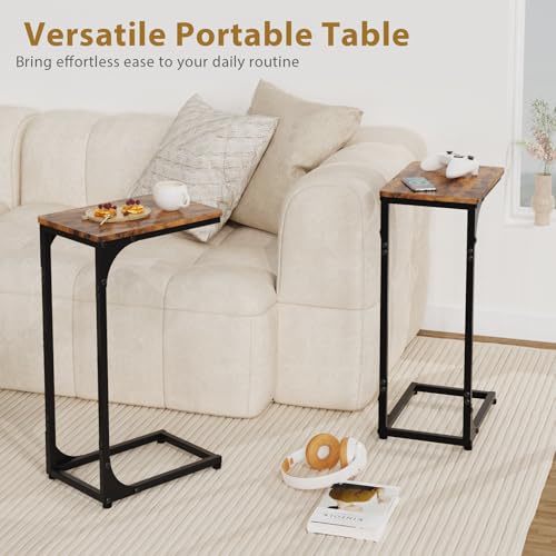 C Shaped End Tables Couch Table TV Trays Set of 2, 7" Wide, Rustic Brown | Small Thin Side Table Skinny Slide Under Couch Tray Tables for Sofa Bedroom Small Space - color: Rustic Brown, size: 7" Width