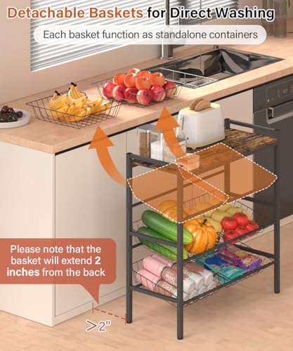 4-Tier Fruit and Vegetable Storage Rack with Wood Top & 6 Removable Baskets, Small Kitchen Island, Pantry Floor Organizer Stand Shelves for Onion Potato Snack Storage, Black - style: 6 Baskets-Black