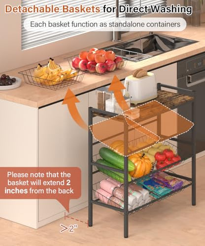 4-Tier Fruit and Vegetable Storage Rack with Wood Top & 6 Removable Baskets, Small Kitchen Island, Pantry Floor Organizer Stand Shelves for Onion Potato Snack Storage, Black - style: 6 Baskets-Black