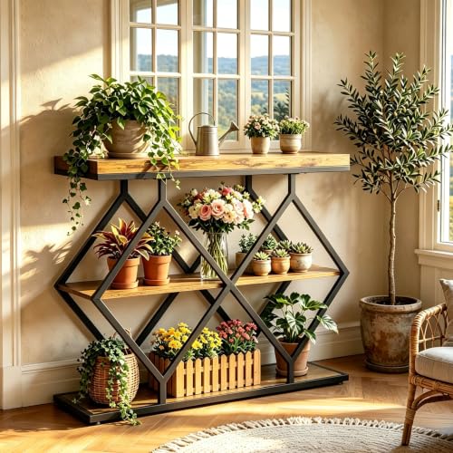 Garvee 3 Tier Console Table,39" Industrial Entryway Table,Open Wood Shelves | Sofa Table,Narrow Wood Accent Tables with Metal Frame for Hallway,Living Room,Behind Couch,Foyer,Entrance,Rustic Brown - color: Rustic Brown + Diamond-shaped