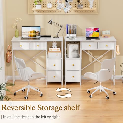 3IngSeagulls Small Computer Desk with 4 Fabric Drawers, Simple Writing Desk for Home Office, Compact Study Desks for Small Spaces, Kids Desk Study for Bedroom, White - color: White