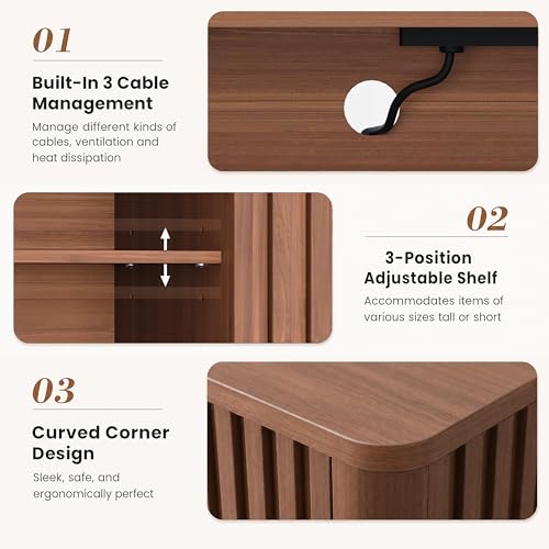 70 Inch Walnut Fluted TV Stand for 80 Inch TVs, Mid Century Modern Entertainment Center with Sliding Doors, Power Outlets, Storage Shelves, Wood Media Console Cabinet for Living Room