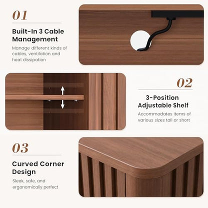 70 Inch Walnut Fluted TV Stand for 80 Inch TVs, Mid Century Modern Entertainment Center with Sliding Doors, Power Outlets, Storage Shelves, Wood Media Console Cabinet for Living Room