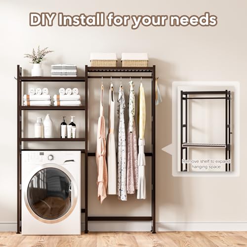 Cozivolife Over The Washer and Dryer Storage Shelf Bamboo,5 Tiers Laundry Room Drying Rack with Adjustable Shelves and 4 Hooks,Space Saver Organizer for Hanging Clothes and Towels (Brown) - color: Brown