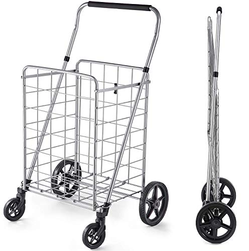 Wellmax Folding Grocery Cart with Wheels – Heavy Duty Utility Cart with Upgraded Steel Frame, Extra Large Basket, Adjustable Padded Handle, Swivel Front Wheels, Foldable Design, 90 lb Capacity - size: X-Large