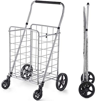 Wellmax Folding Grocery Cart with Wheels – Heavy Duty Utility Cart with Upgraded Steel Frame, Extra Large Basket, Adjustable Padded Handle, Swivel Front Wheels, Foldable Design, 90 lb Capacity - size: X-Large
