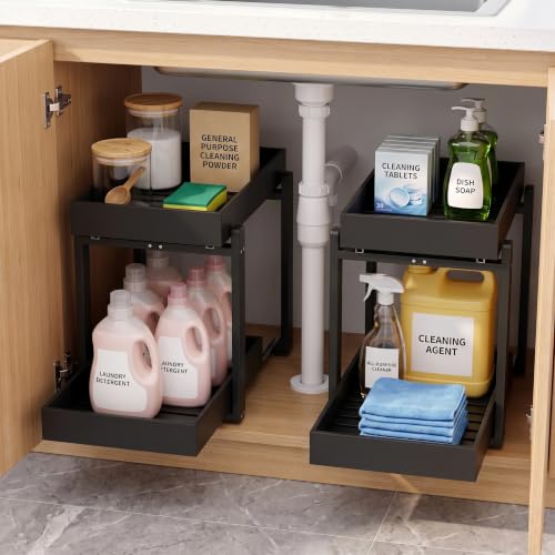 Bamboo Under Sink Organizer and Storage, 2 Pack Pull Out Cabinet Organization, 2 Tier Vertical Slide Out Undersink Storage Shelf, Multi-Purpose Organizer Shelves for Kitchen Bathroom Medicine - color: Black, size: 2-Pack-B