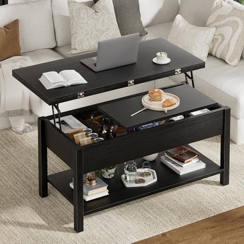 FABATO Lift Top Coffee Table, 4-in-1 Multi-Function Tea Table with Hidden Storage, Coffee Table Converts to Dinning Table, Center Table with Wooden Lift-Top, Small Space for Living Room, Black - color: Black, size: 40.9in