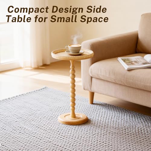 Small Side Table, Rattan Drink Table, Round Side Table for Small Spaces, Boho Circle End Table Coffee Table with Solid Wood Leg for Living Room, Pedestal Table for Bedroom, Corners - size: High: 25", style: Bohemian