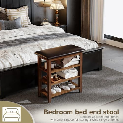 Shoe Bench with Leather Cushion,Rubberwood Bench with Shoe Rack | 3-Tier Shoe Storage Organizer for Entryway,Hallway,Living Room - size: 3-Tier-23.6"