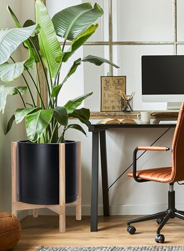 D'vine Dev Plastic Pot with Natural Wood Stand, Black, 14 in, 55-C-S-2 | Mid-Century Inspired Design, Elevated Plant Display, Clean Lines, Sturdy Support, Modern Space-Saving Style - color: Matte Black Pot + Natural Stand, size: 14 Inch