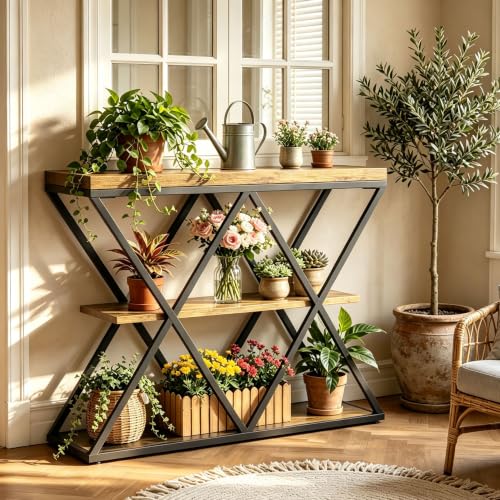Garvee 3 Tier Console Table,39" Industrial Entryway Table,Open Wood Shelves | Sofa Table,Narrow Wood Accent Tables with Metal Frame for Hallway,Living Room,Behind Couch,Foyer,Entrance,Rustic Brown - color: Rustic Brown + X-shaped