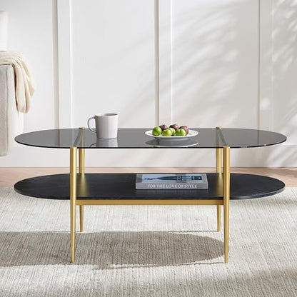 LumFurn Oval Glass Coffee Table, Mid-Century Modern Design, L41 x W21 x H17 inch, for Living Room, Grey Glass Top, Black Marble Finish Wood Shelf & Gold Finish Frame - color: Grey & Black Marble, size: L41" Oval Coffee Table