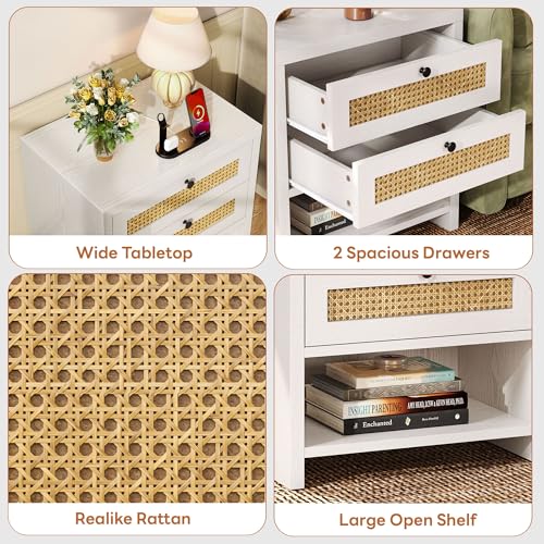 LIKIMIO Rattan Nightstand, 23" Wide Night Stand with Charging Station, Boho Side Table with 2 Drawers and Open Shelf, Bedside Table for Bedroom, White Oak