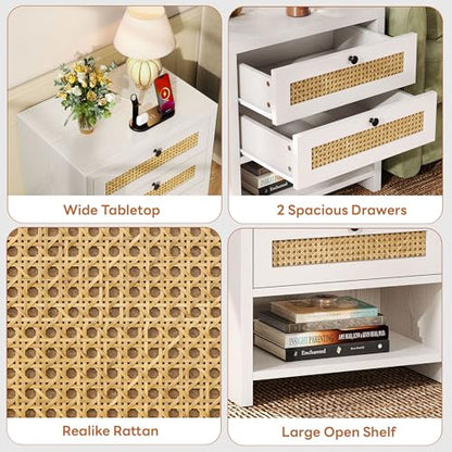 LIKIMIO Rattan Nightstand, 23" Wide Night Stand with Charging Station, Boho Side Table with 2 Drawers and Open Shelf, Bedside Table for Bedroom, White Oak