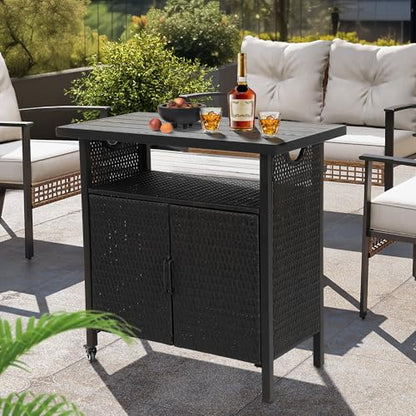 HOMEFUN Outdoor Bar Table Featuring Storage Cabinet: Wheeled Patio Serving Carts, Wicker Grill Cart Prep Station & Rolling Kitchen Island for Patio, Backyard and Outside Use, in Black - color: 03-black