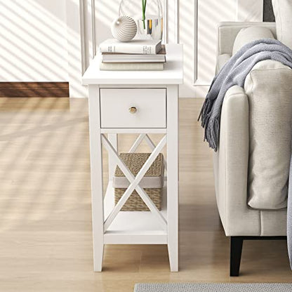 ChooChoo End Table, Flip Top Narrow End Table with Drawer | Narrow Side Table with Flip Top, Accent Small Side Table Nightstand for Living Room, Bedroom, and Small Spaces, White - color: White, size: 1 Pack, style: Without Power