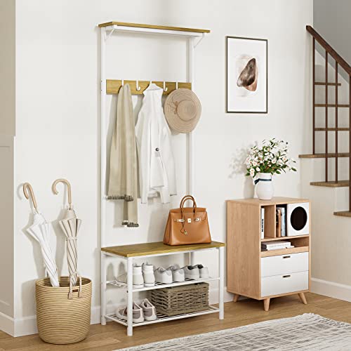 Hall Tree with Bench and Shoe Storage, 3-in-1 Coat Rack Shoe Bench, Freestanding Wooden Coat Rack with Metal Frame, 3-Tier Storage Shelf and 5 Removable Hooks, White - color: 2.white Hall Tree With Top Shelf