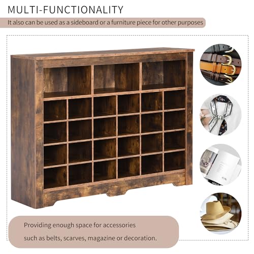 Harper & Bright Designs Sleek Design 24 Shoe Cubby Console, Modern Shoe Cabinet with Curved Base, Versatile Sideboard for Hallway, Bedroom, Living Room, Rustic Brown - color: Rustic Brown, size: 35''