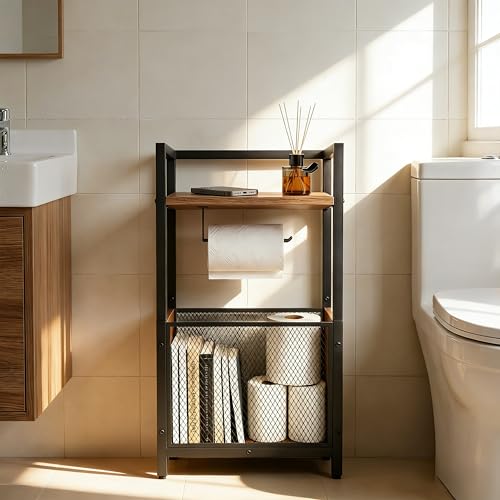 Toilet Paper Holder Free Standing, Black Toilet Paper Holder Stand, Freestanding Toilet Paper Holder for Bathroom Tissue Holder Roll Holder, Magazines, Wipes