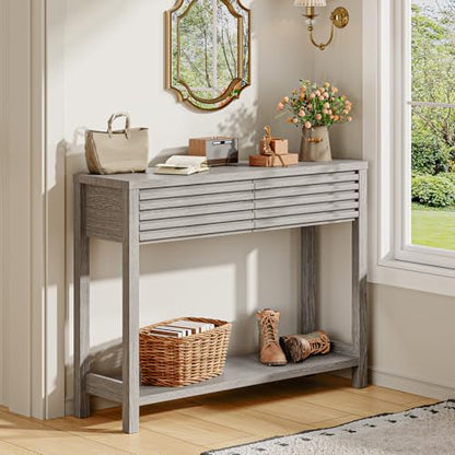 EAG 40" Fluted Console Table with 2 Drawers, Modern Wood 2 Tier Entryway Table with Storage Shelf, Narrow Sofa Tables Behind Couch for Entrance Foyer, Hallway, Living Room, Gray - color: Grey