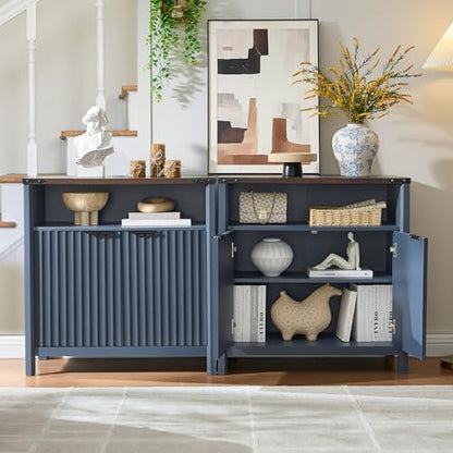BuildHom 32 Inch Fluted Sideboard Buffet Cabinet with Storage Navy Blue | Coffee Bar Cabinet with Open Shelf and 5-Level Adjustable Shelves, Farmhouse Storage Cabinet for Kitchen and Dining Room - color: Navy Blue