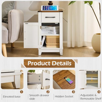 EROMMY Farmhouse End Table with Charging Station, Narrow Side Table for Living Room, Nightstand with Drawer and Storage Cabinet, Adjustable Shelf, White - color: White