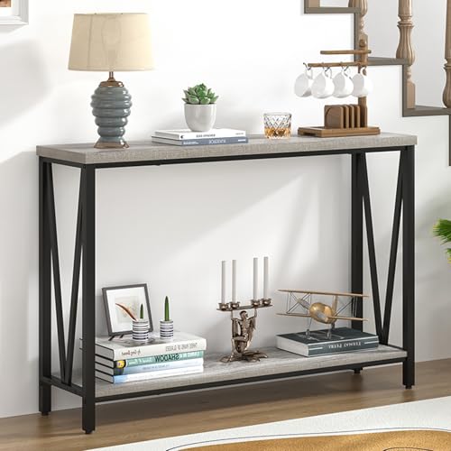 FOLUBAN Industrial Sofa Console Table, Rustic Wood and Metal Entryway Hallway Table for Living Room Entrance, 43.3 Inch Light Grey - color: Light Grey