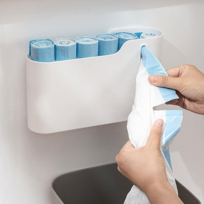 Trash Bag Holder, Stackable Garbage Bag Dispenser, Compact Dispenser with Built-In Slot for Multi-Roll Storage, Kitchen Bathroom and Utility Room Organizer, White