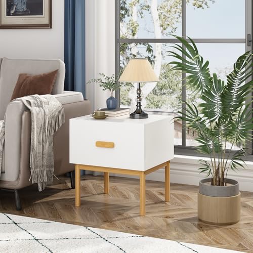 Modern Minimalist White Nightstand with Solid Pine Wood Legs & Spacious Drawer - Versatile Bedside Table for Bedroom, Living Room, or Small Apartment