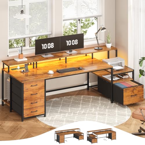 SEDETA Home Office Desk with File Drawer & Power Outlet, 75'' Large Computer Desk with 5 Drawer, Storage Shelves, Monitor Shelf and Led Lights, 23.6" W Desktop Gaming Desk, Rustic Brown - color: Rustic Brown, size: 75X23.6inch