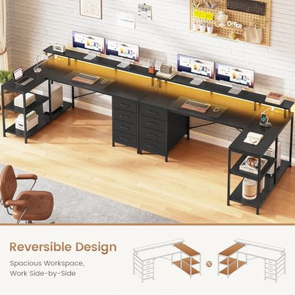 SEDETA L Shaped Gaming Desk with 4 Drawers, Shelves, Power Outlets, Black | L Shaped Desk with LED Lights , Computer Desk with Shelves & Drawer, Corner Desk Home Office Desk - color: Black