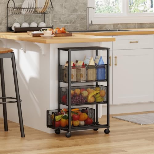 4 Tier Kitchen Rolling Cart, Kitchen Storage Cart with Wheels, Adjust Pantry Organizer and Storage Cart with Drawer, Fruit Vegetable Spice Storage Cart, Wooden Top Metal Kitchen Organizer Rack Stand - size: Small 4 Tier Black